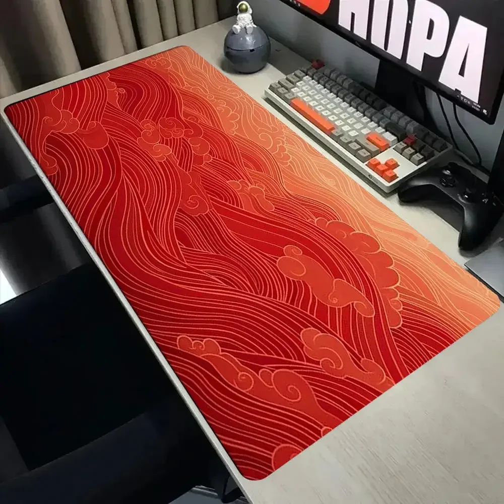Chinese Red Auspicious Cloud Wave Large Gaming Mouse Pad Non Slip Traditional Oriental Pattern Desk Mat Retro Extended Mousepad