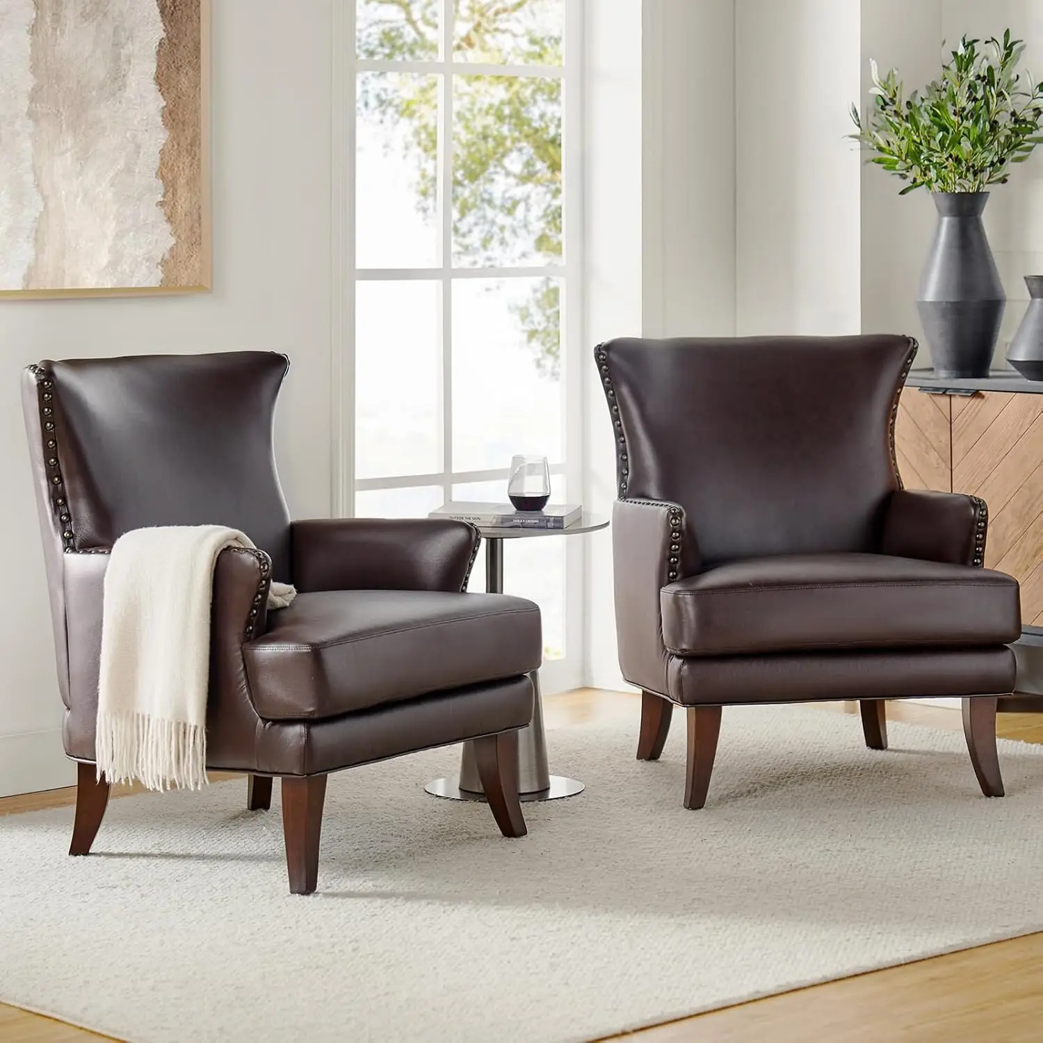 Hulala Home Faux Leather Accent Chair With Arms For Living Room, Modern Leather Single Sofa Armchair With Nailhead Trim, Vegan