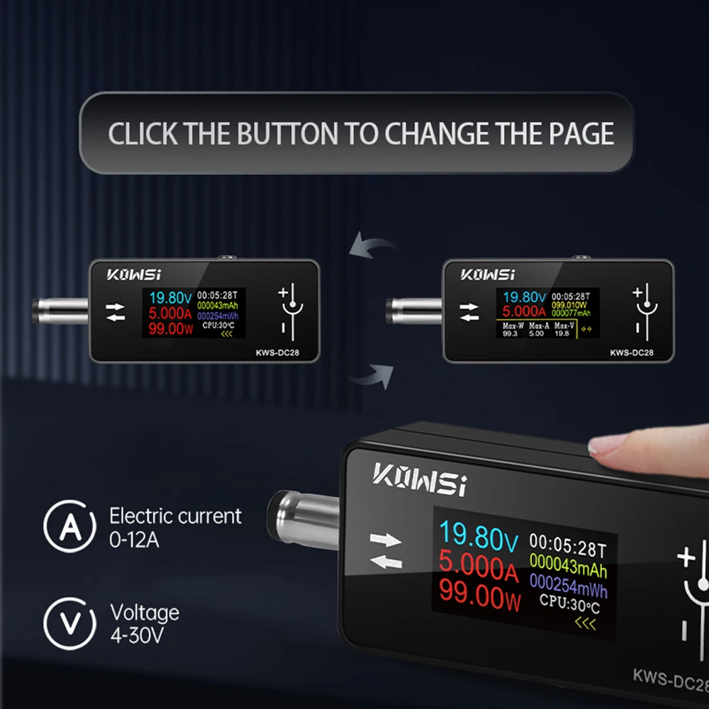 KWS-DC28 Current and Voltage Monitor DC 4-30V 0-12A Power Meter Tester PD Battery Capacity Digital LCD Display Meter