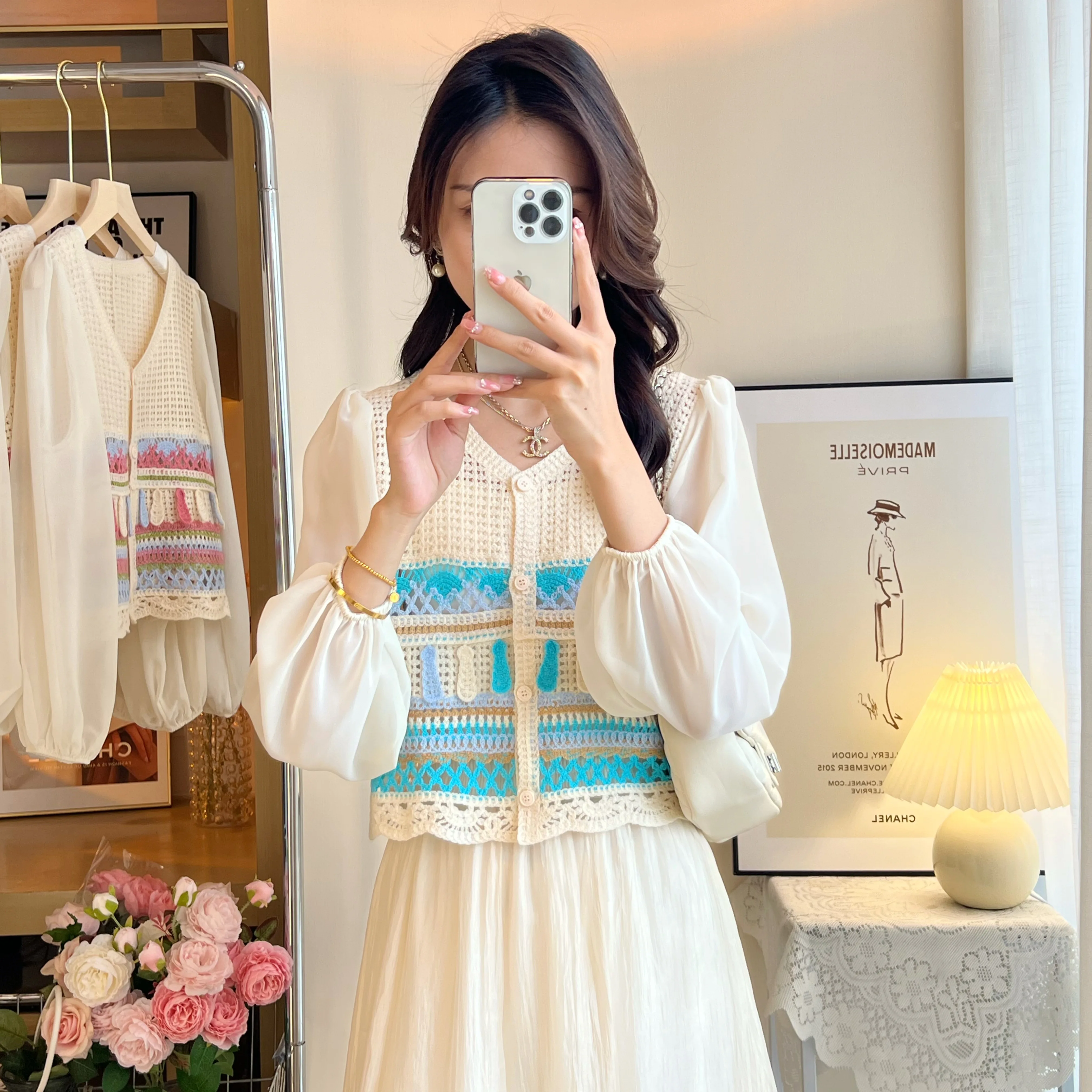 Women Tops Embroidery Crochet Top with Chiffon Sleeve Button Front Airy Shirts Sheer Open-knit Blouses Summer Vacation Outfit