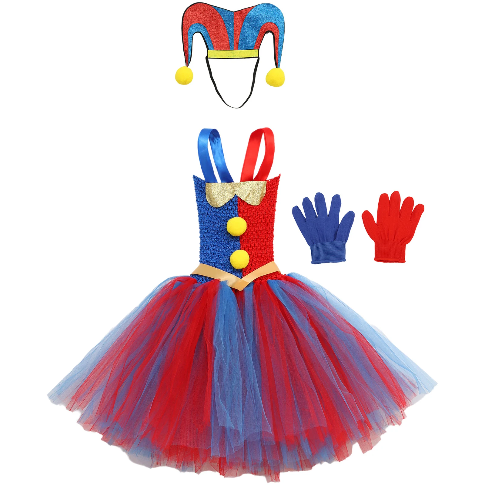 Kinder Mädchen Halloween Zirkus Clown Cosplay Kostüm Ärmelloses Neckholder Mesh Kleid mit Hut Handschuhe Set für Karneval Dress Up