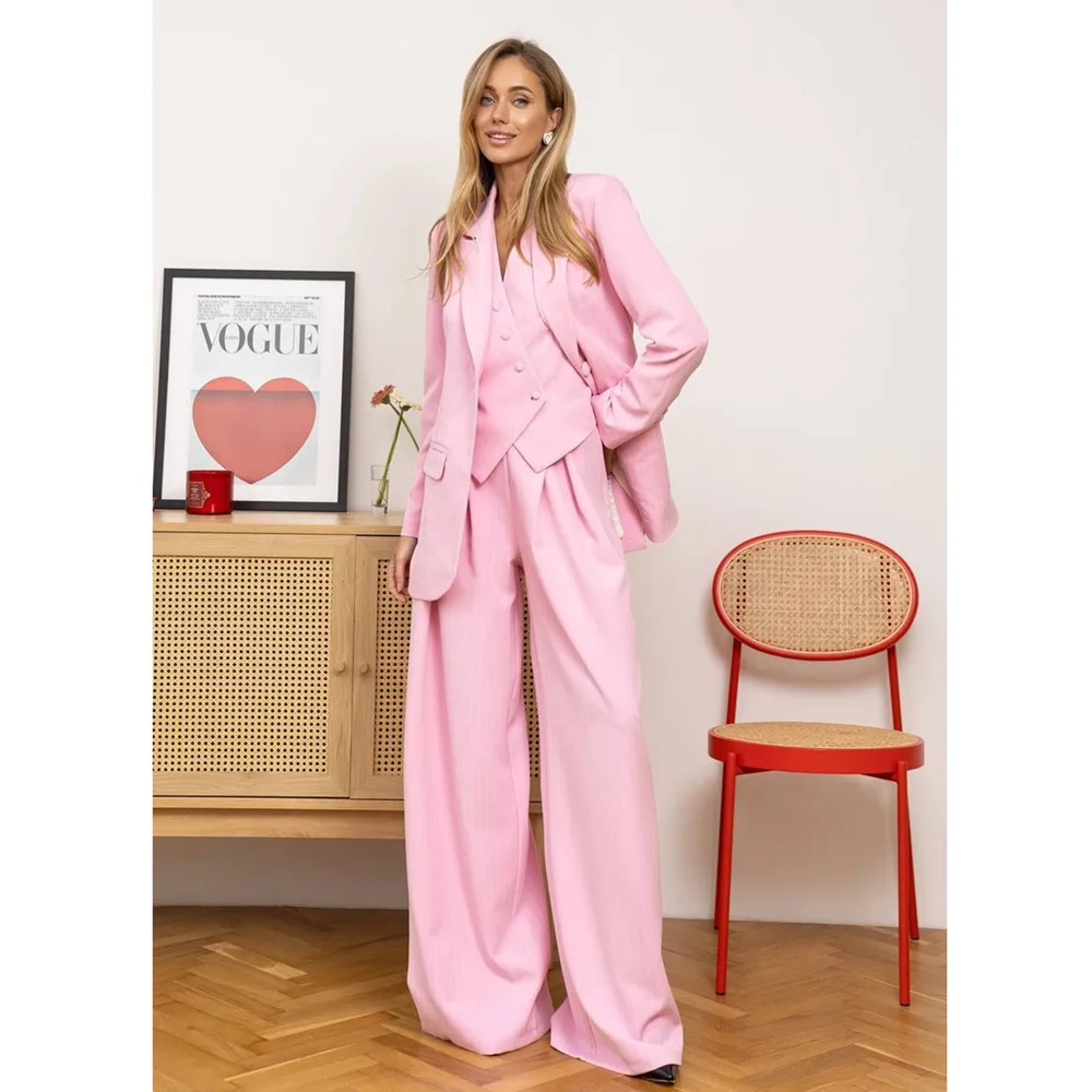 Pink Striped Women Suits 3 Piece Fashion Peak Lapel Smart Casual Office Lady Suit Formal Casual Pants Sets (Blazer+Vest+Pants)