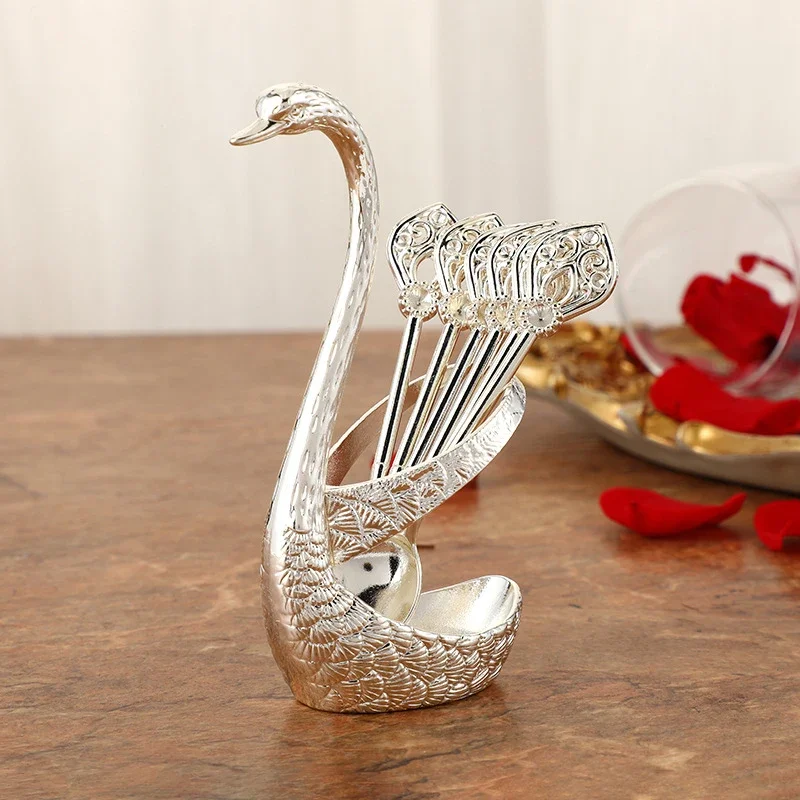 7PCS Creative Dinnerware Set Zinc Alloy Decorative Swan Base Holder With 6 Spoons For Coffee Fruit Dessert Stirring Mixing Spoon