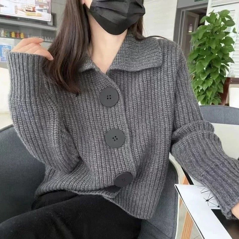 

Women Doll Collar Lazy Fashion Large Button Knitted Sweater Cardigan 2026 Female Spring Autumn Style Lapel Loose Artistic Trend