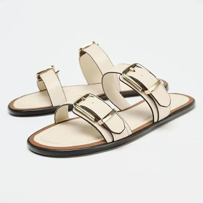 

Дизайнерские сандалии на плоской подошве для женщин, модные легкие пляжные тапочки с металлической пряжкой и ремешком, летние повседневные шлепанцы на плоской подошве для отдыха