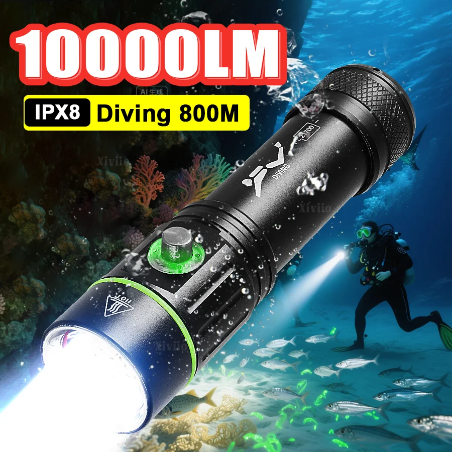 Professional LED Diving Flashlight 10000LM Tactical Torch IPX8 Waterproof Underwater Lantern Scuba Diving 800M Powerful Lamp