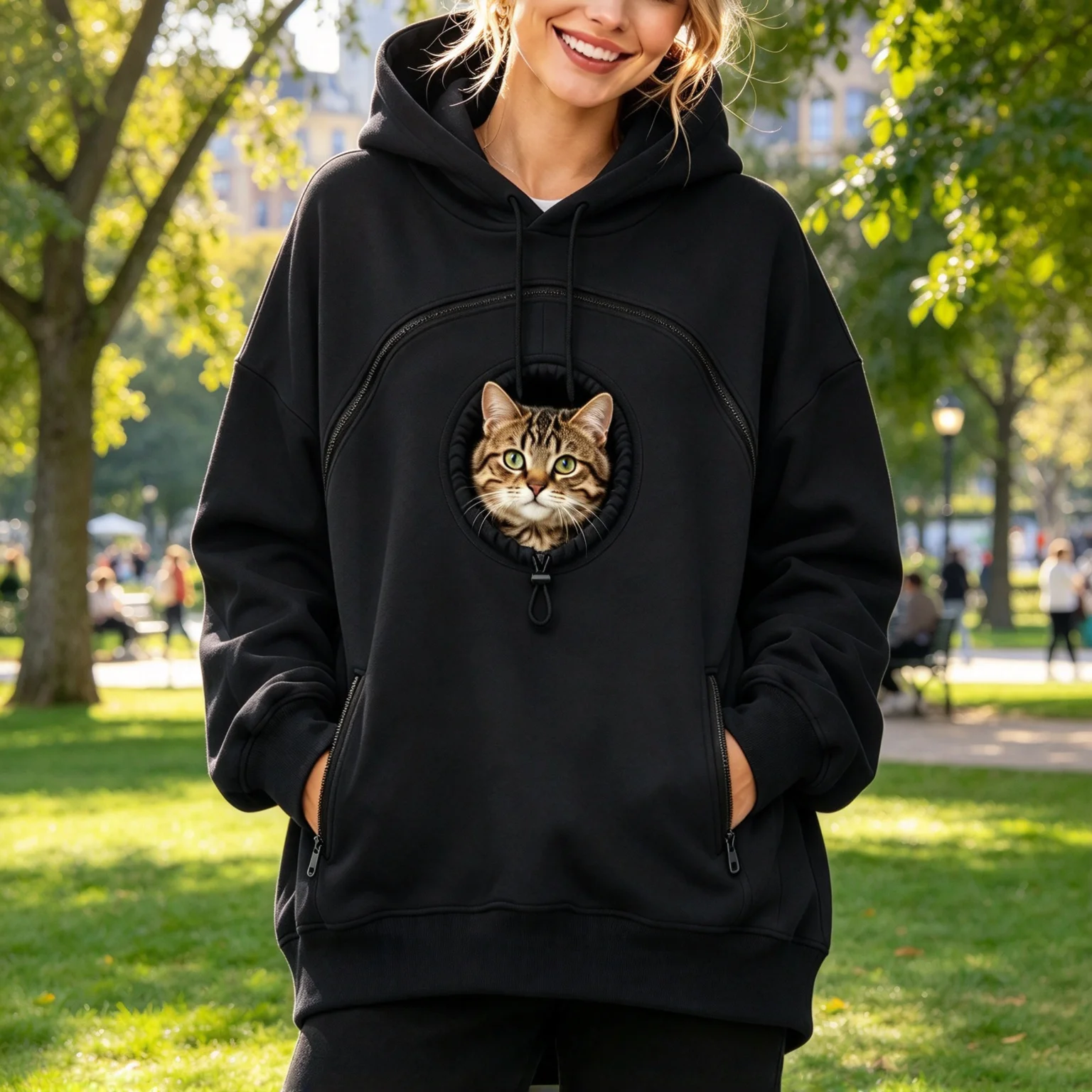 Women's Cat Pouch Hoodie Pet Carrier Sweatshirt Fleece Lined Zip Up Long Sleeve Warm Pullover with Pocket for Kitten Puppy