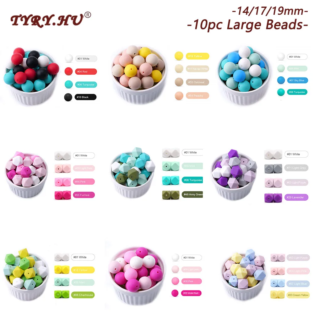 TYRY.HU 10pc Large Round Silicone Beads Hexagon Baby Teething Chew DIY Pacifier Chain Necklace Pendant Toys BPA Free 14/17/19MM