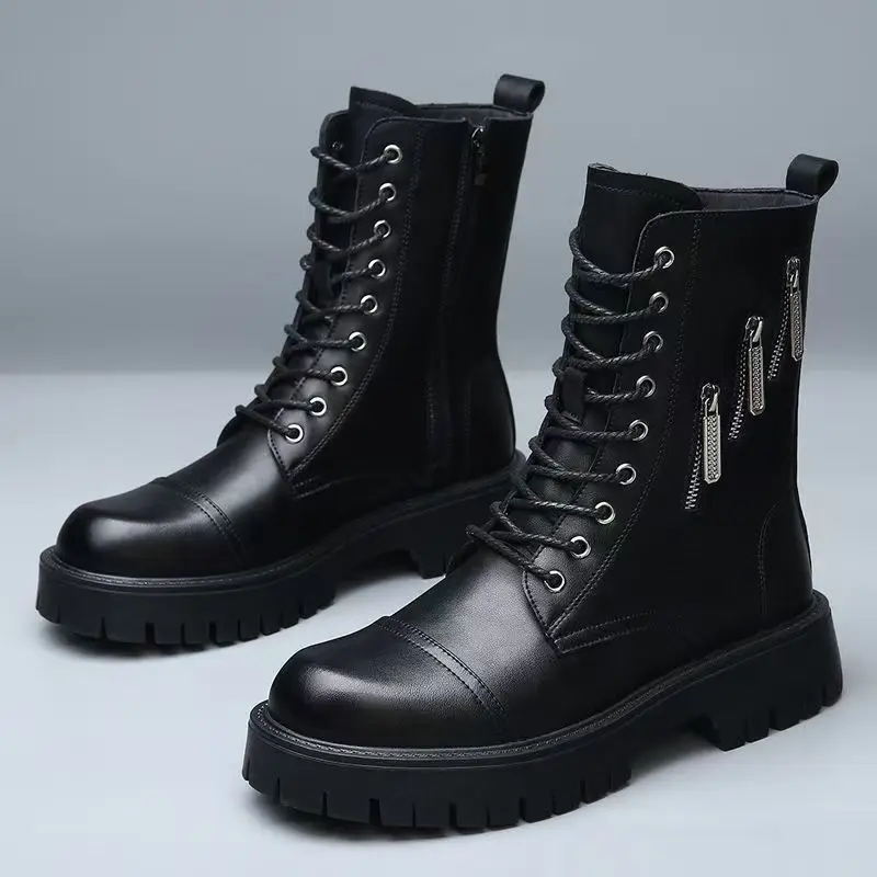 

Men's Autumn Winter Real Leather High Top Work Boots Thick Sole Non Slip Round Toe Waterproof Plush Warm Zippers Motorcycle Boot