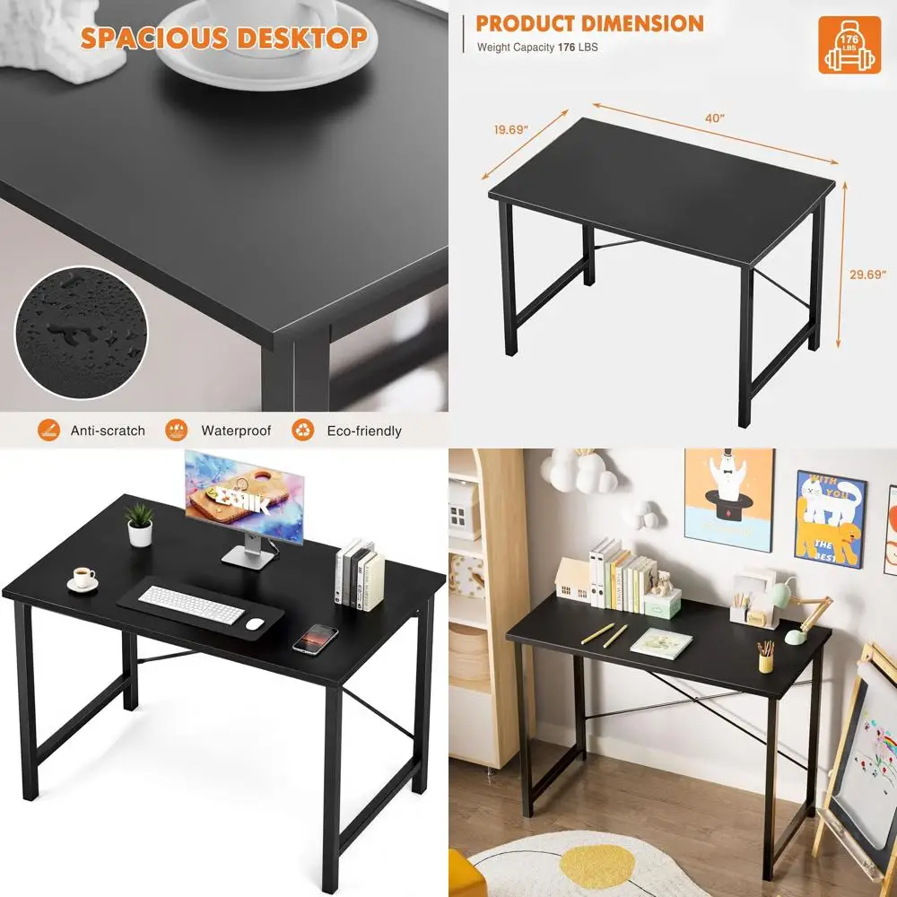 

40 Inch Modern Student Desk with Metal and Wood Tabletop for Home Office and Study in Black