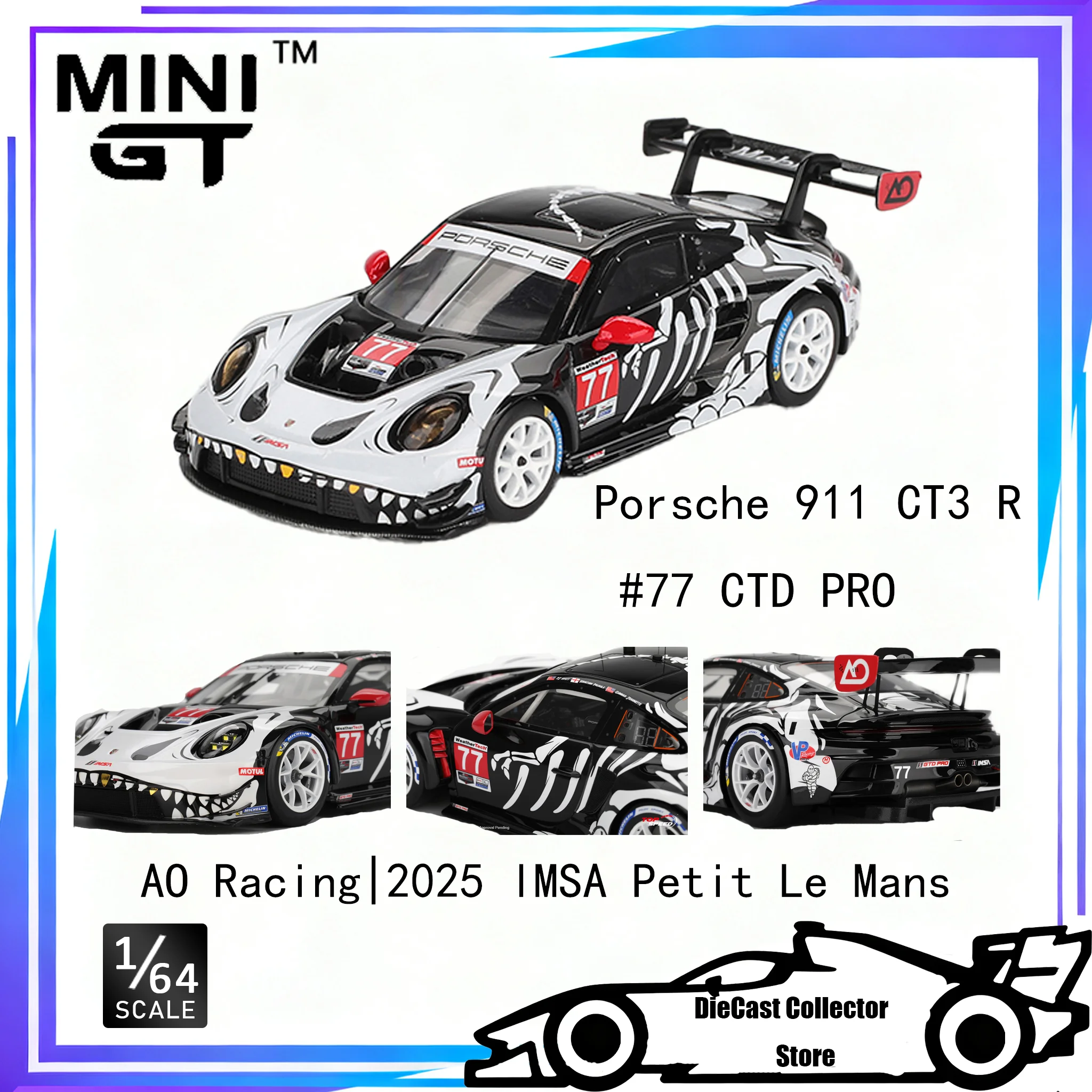 MINI GT 1/64 ปอร์เช่ 911 CT3 R # รถโมเดลโลหะผสมหล่อขึ้นรูป 77 CTD PRO AO Racing 2025 lMSA Petit Le Mans ของเล่นเด็ก