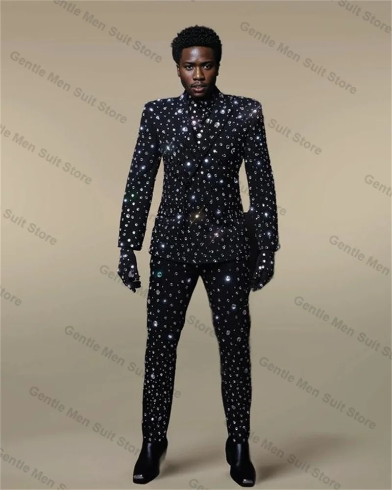 Luxury Crystals Men Suits Set 2 Piece Blazer+Pants Red Carpet Prom Groom Wedding Tuxedo Coat Custom Made Jacket Trousers