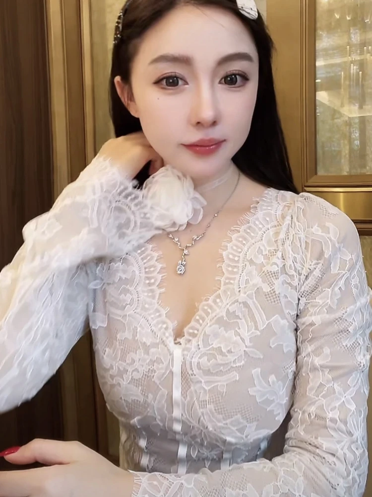 

Tian Jiao Baby Pure Desire Gentle Personali V-ne Lace Long Sve Base Top Autumn Winter Ele Inner Wear French Sle ...