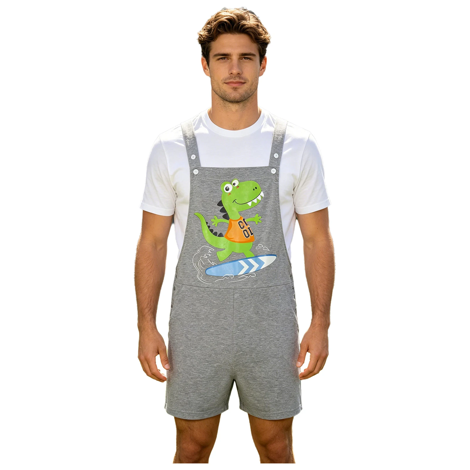

Men Special Needs Adaptive Clothing Cartoon Dinosaur Print Adjustable Straps Bib Overalls Pajamas Sleepwear Homewear Daily Wear