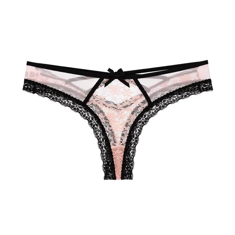 Transparent Lace Lady T-pants Color Blocking Women\'s Underwear Sexy Hollow Out Mesh thong Cross Strap Waistband Fmeale G-string