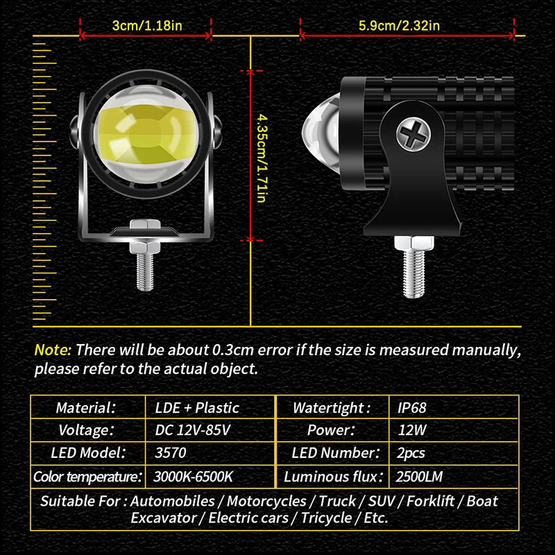 12W Additional Led Headlights For Motorcycle Universal Moto Spotlight LED Motorcycle Headlight Auxiliary 3000lm 6500k Car Lamps