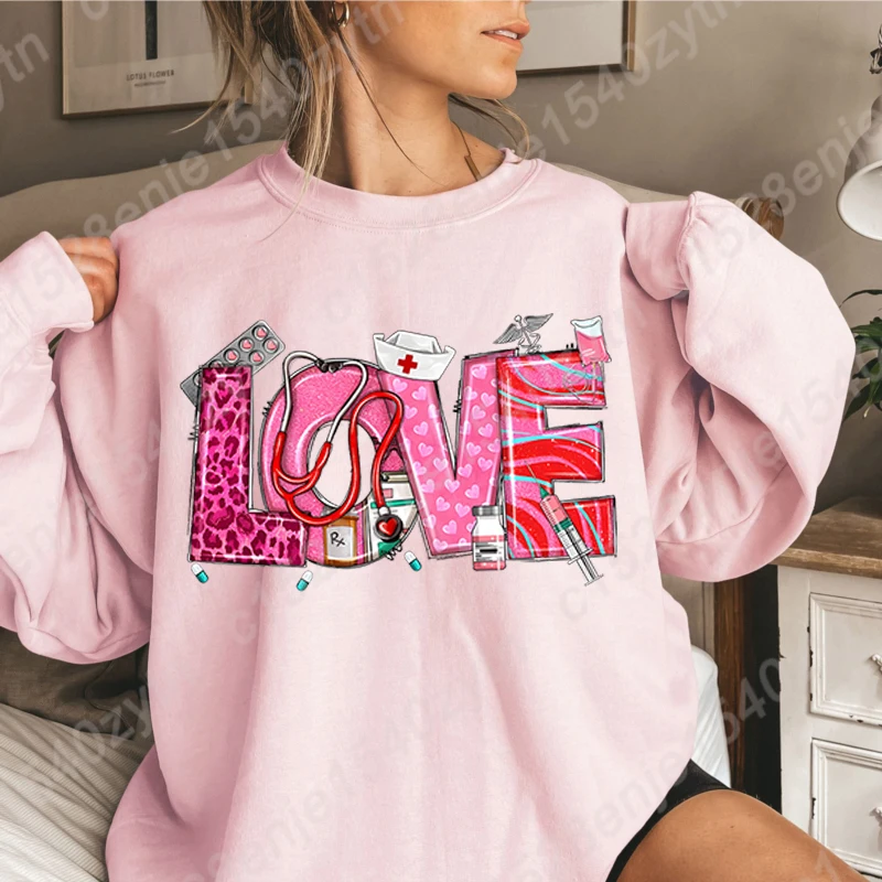 Valentine's Day Love Nurse Print Sweatshirts Autumn Winter Women Fashion Sweatshirt Ladies Casual Long Sleeve Hoodless Pullovers