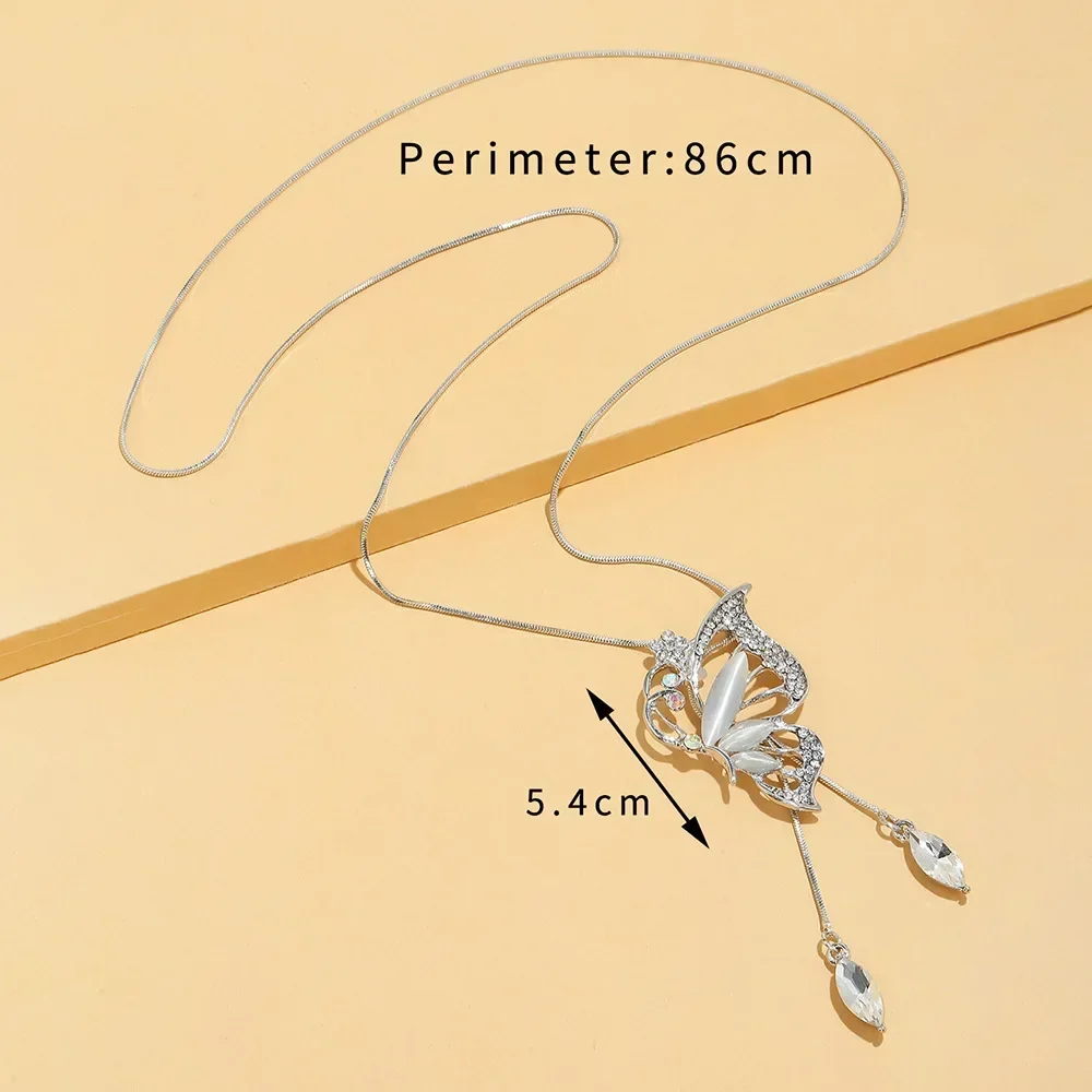 New Fashion Opal Crystal Butterfly Wings Long Necklaces & Pendants For Women Simple Elegant Trendy Jewelry Sweater Chain