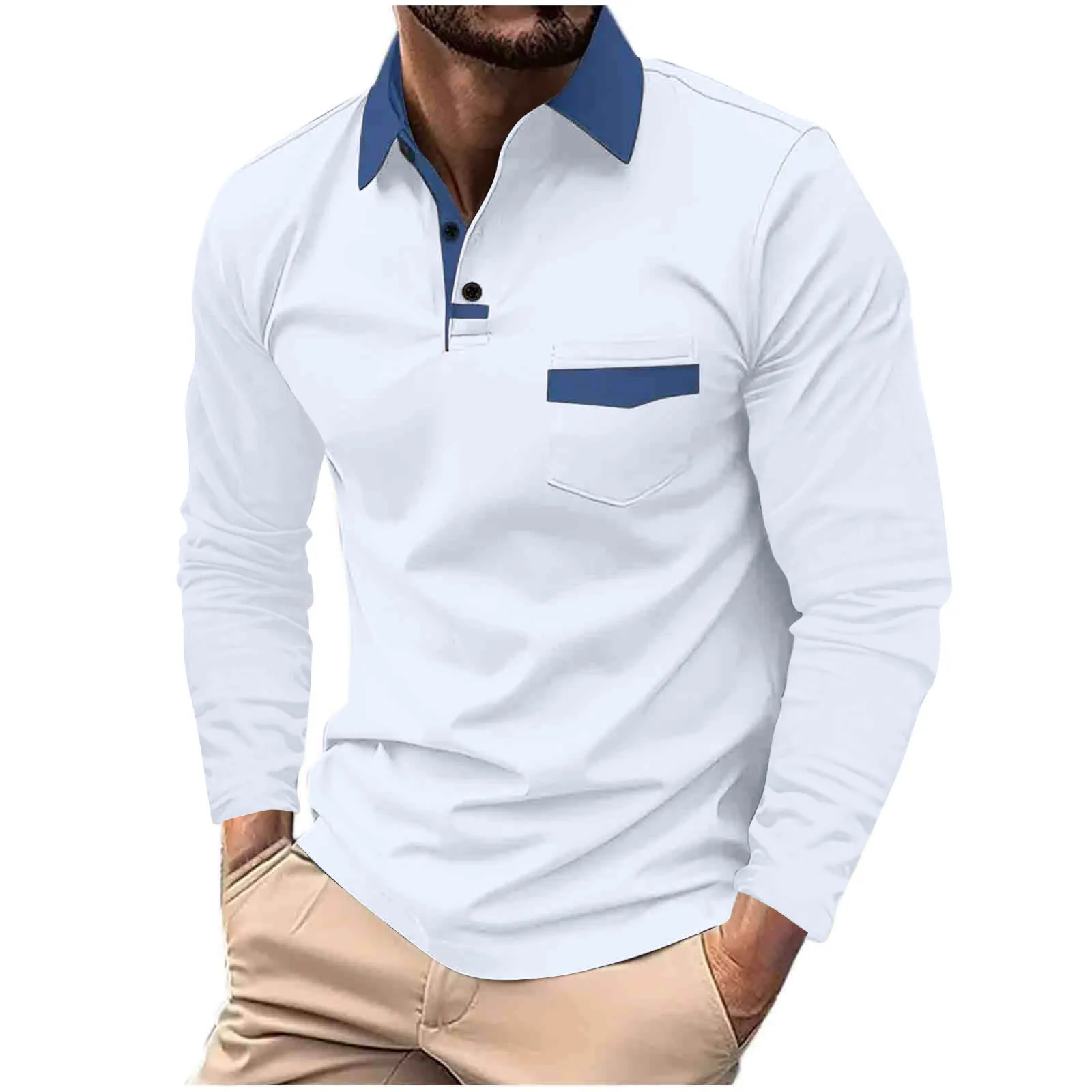 Hot 2024 Spring and Fall leisure business POLO shirt chest pocket men\'s lapel long-sleeved polo shirt