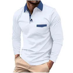 Hot 2024 Spring and Fall leisure business POLO shirt chest pocket men's lapel long-sleeved polo shirt