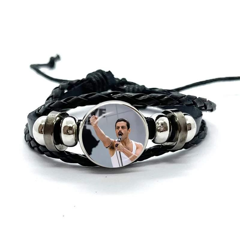 Queen Freddie Mercury Rock Star Leather Bracelets Glass Dome Multilayer Braided Bracelets Bangles Handmade Jewelry Gifts