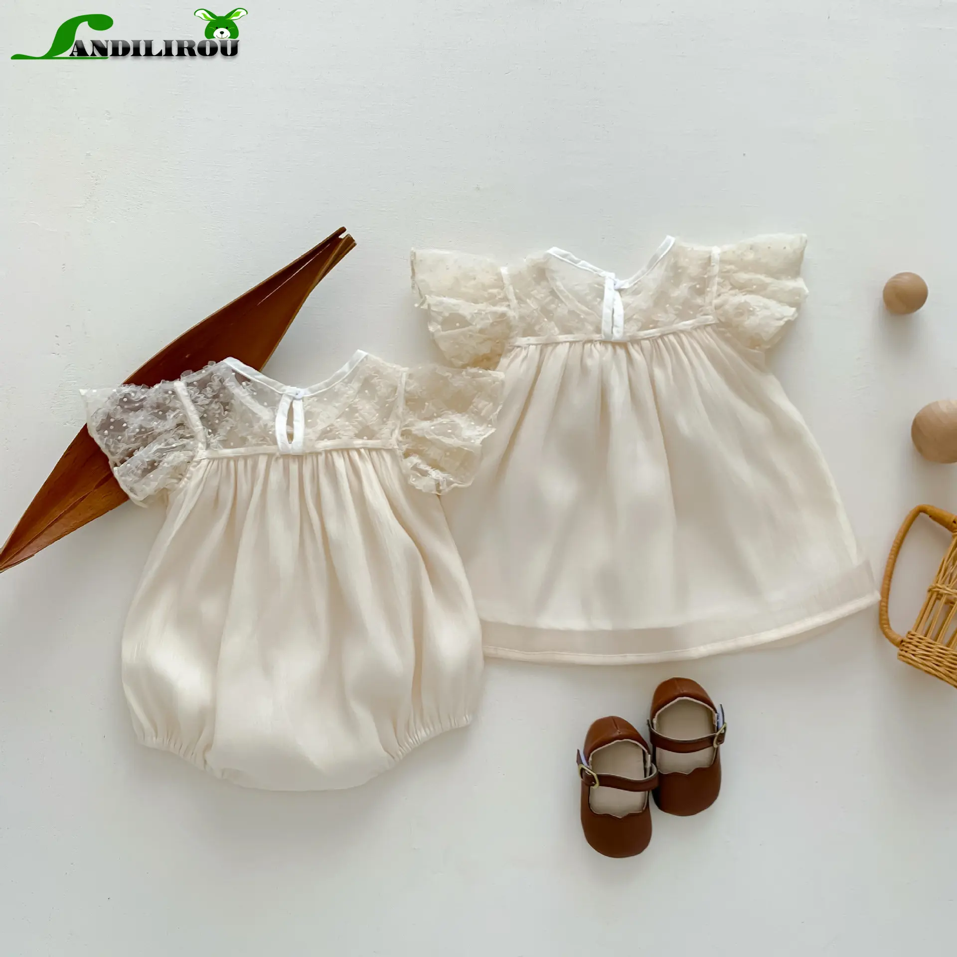 

Girls' skirts sister and me clothing summer newborn infant baby girls fly sleeve bow lace outwear bodysuit tiered dresses kids