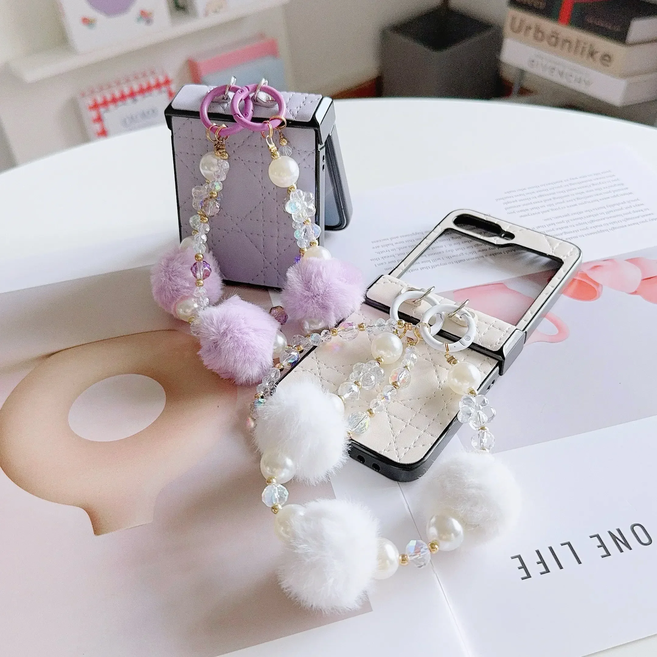 Colorful Bead Cute Bobbles Wrist Strap PU Leather Phone Case for Samsung Galaxy Z Flip 6 5 4 3 Hinge Protection Shockproof Cover