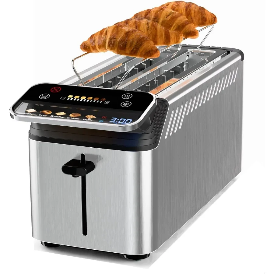 

Long Slot 4 Slice Toaster with Touch Screen Projection Display 1.5 Wide Slot 5 Bread Types 11 Shade Settings Digital Timer Warm