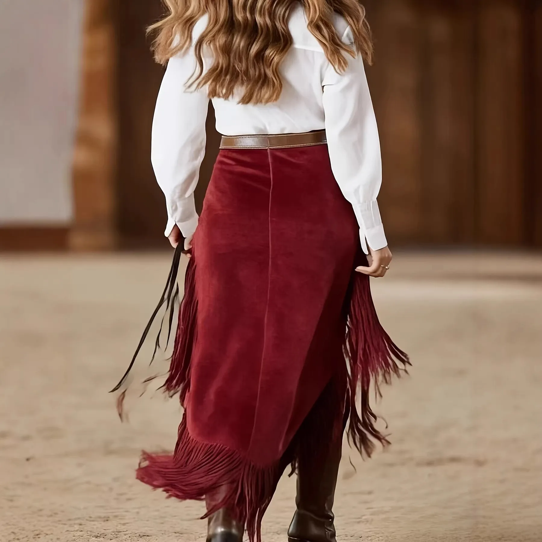 Women Long Velvet Skirt Burgundy Asymmetrical High Slit Fringe Maxi Skirt with Leather Belt Western Casual Vintage Pleated