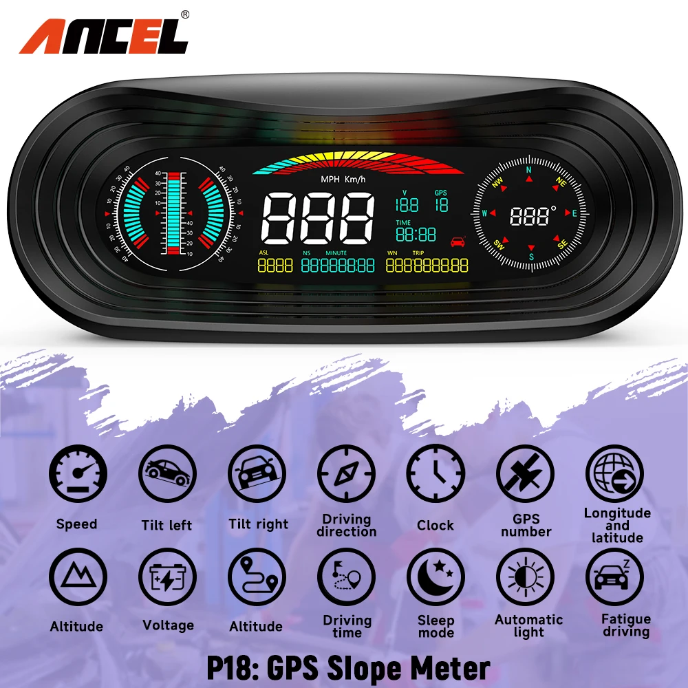 

ANCEL P18 Car Head Up Display OBD2 Smart GPS HUD Gauge On-board Computer KMH/MPH LCD Display Speedometer Digital Security Alarm