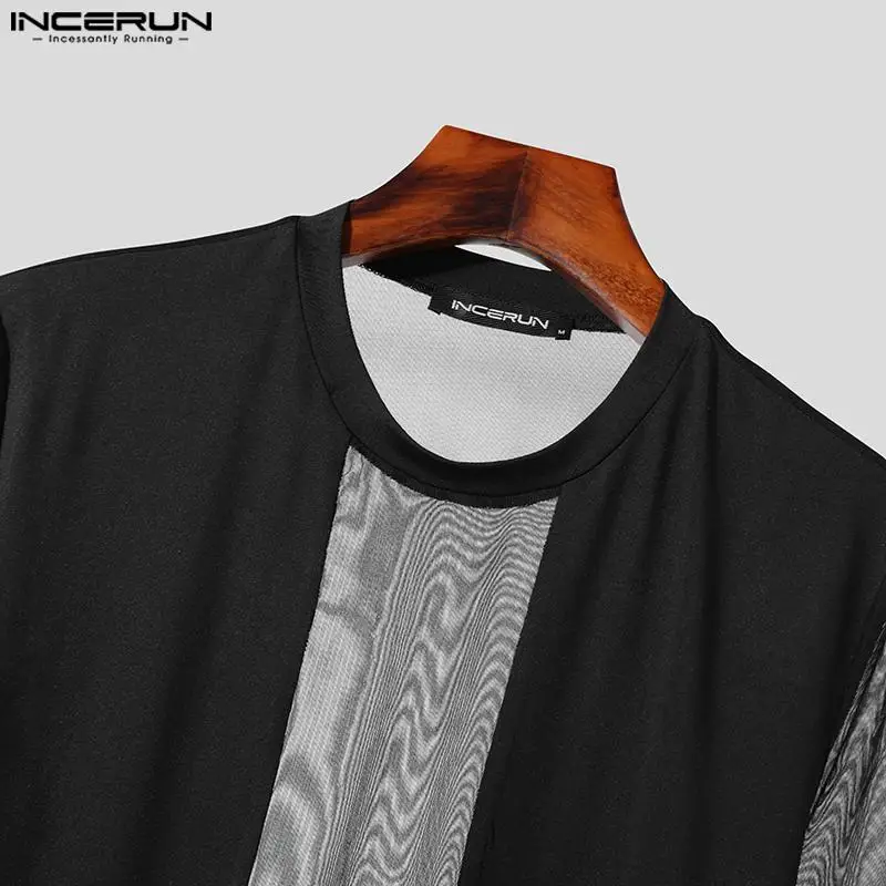 INCERUN Men T Shirt Mesh Patchwork O-neck Short Sleeve See Through Sexy Camisetas Streetwear 2024 Fashion Men Clothing S-5XL