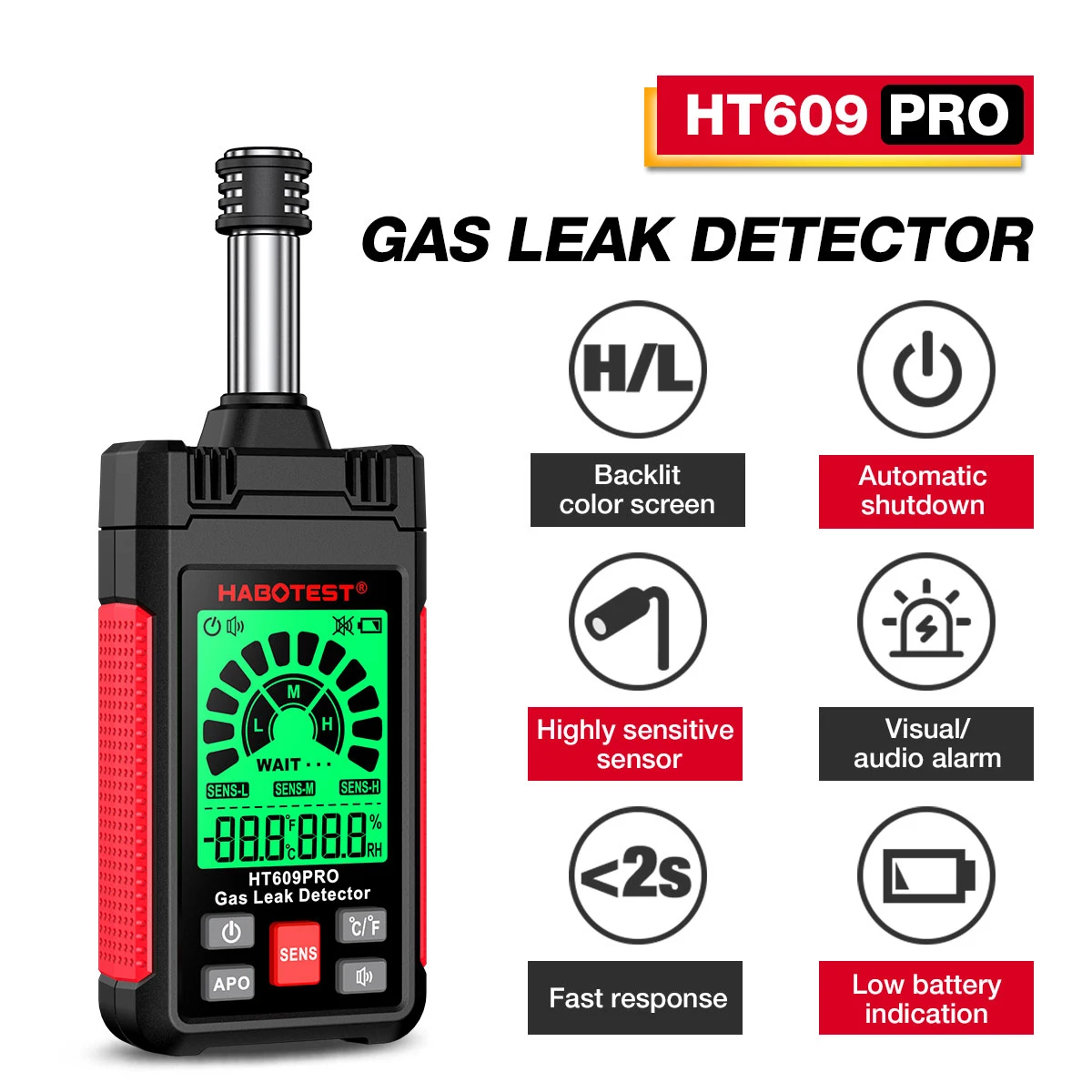 HABOTEST HT609PRO Gas Leak Detector Combustible Gas Sources Tester 50-1000 PPM Measuring Range Gas Temperature Humidity Measure