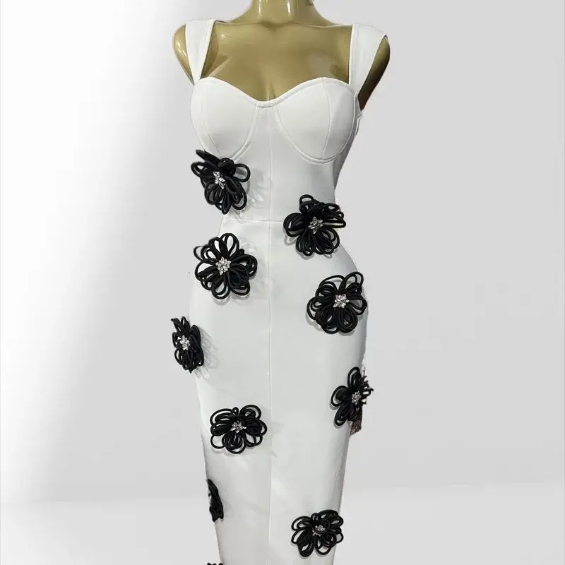 新しい黒い花輝くダイヤモンドセクシーな V ネック白包帯ドレス女性の誕生日パーティードレス結婚式パーティー衣装