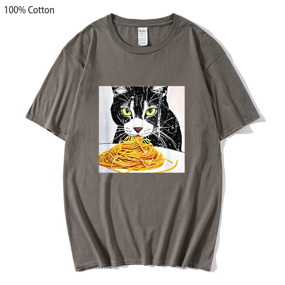 

Cat Eating Spaghetti T-Shirts Streetwear MEN Cartoon Graphic Tshirt Korean Style Clothes Short-sleeved Top 100%Cotton Women Tees