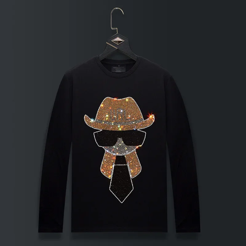 Plus Size O Neck Long Sleeve T Shirts Men Tops Fashion Streetwear Rhinestones Character Slim Modal Cotton Tshirts Mens Clothing