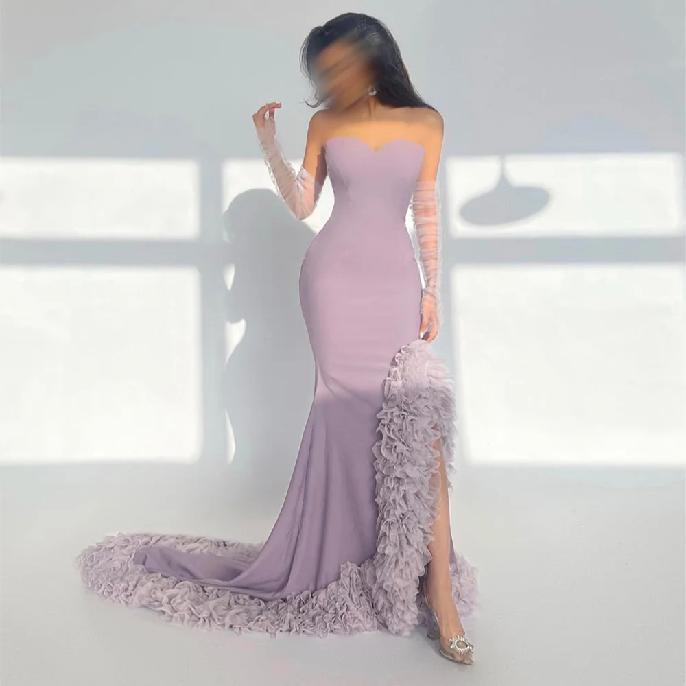 Vestidos De Noche árabes De sirena con volantes Lila personalizados, Vestidos De fiesta De graduación De limo sin tirantes, Vestidos largos