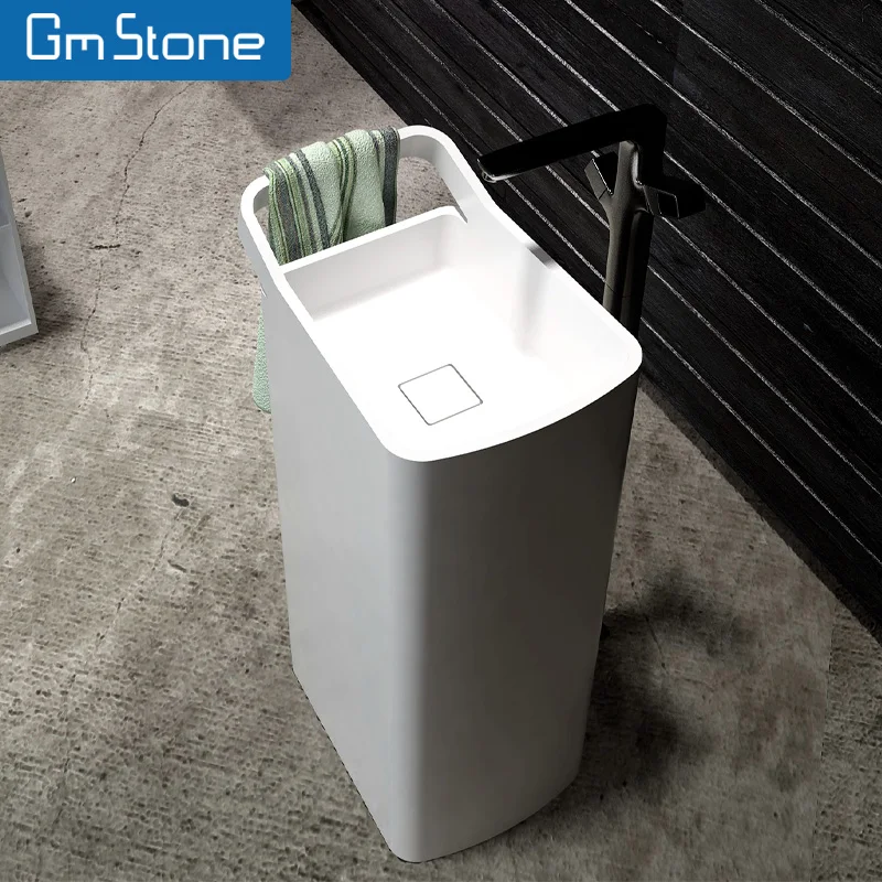 Bathroom Column Pedestal Sink Matt Black Round Floor Mounted Solid Surface Rectangular Artificial Stone Freestanding Basin