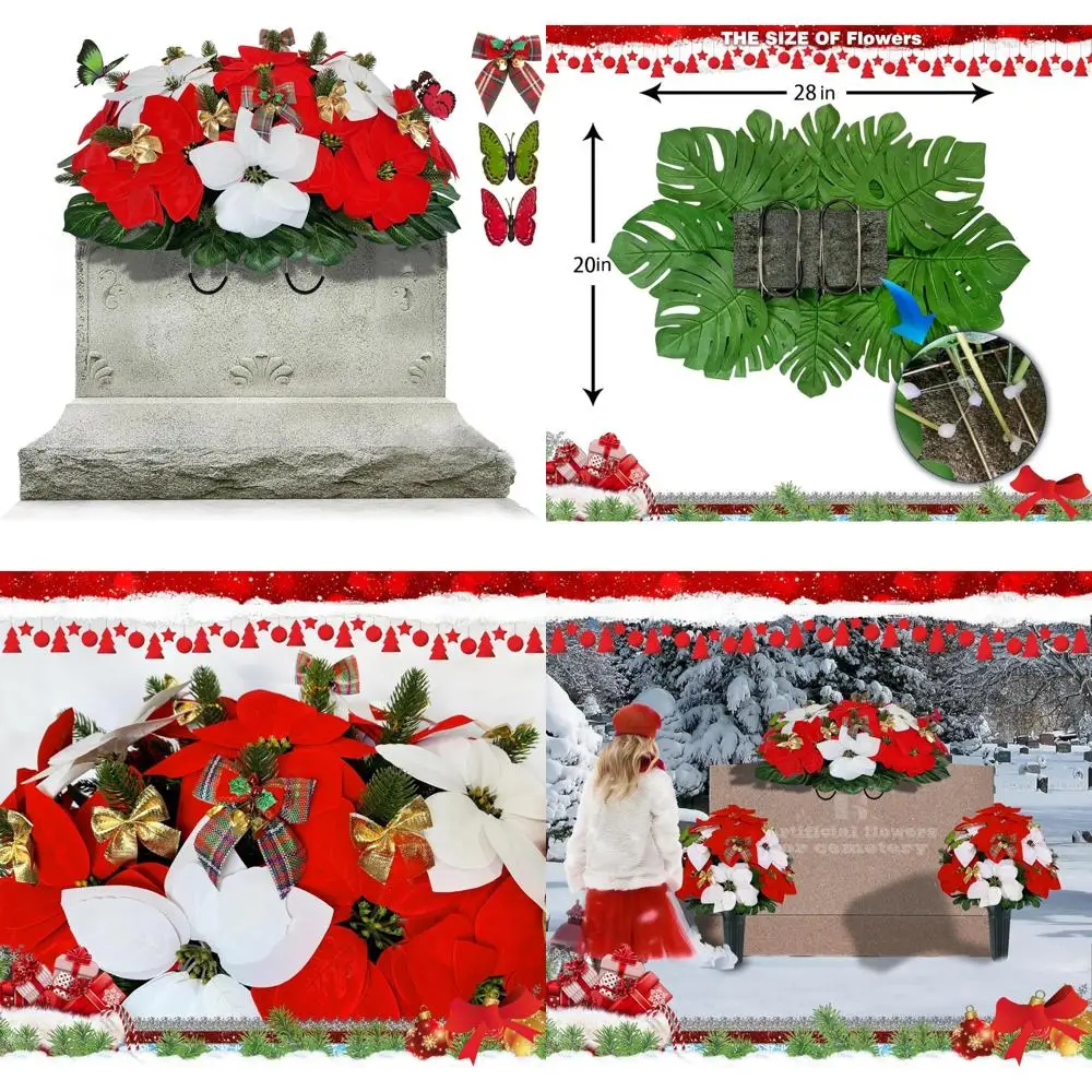 

Красно-белое пуансетти, рождественское седло с головным убором и цветком с золотым бантом и зелеными сосновыми иглами для могильных украшений