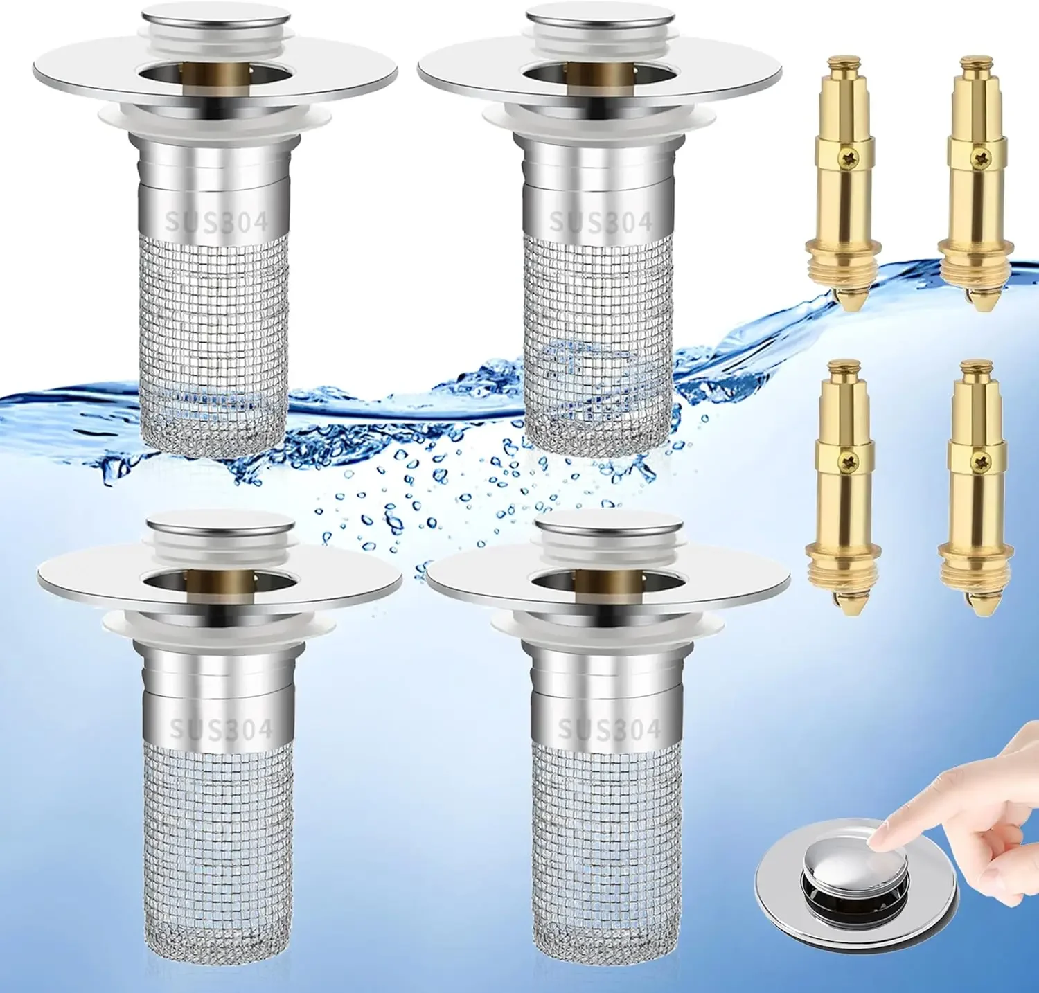 

4Pcs Pop Up Sink Drain Strainer 304 Stainless Steel Bathroom Sink Plug Strainer with Filter Basket Brass Core Sink Drain Stopper