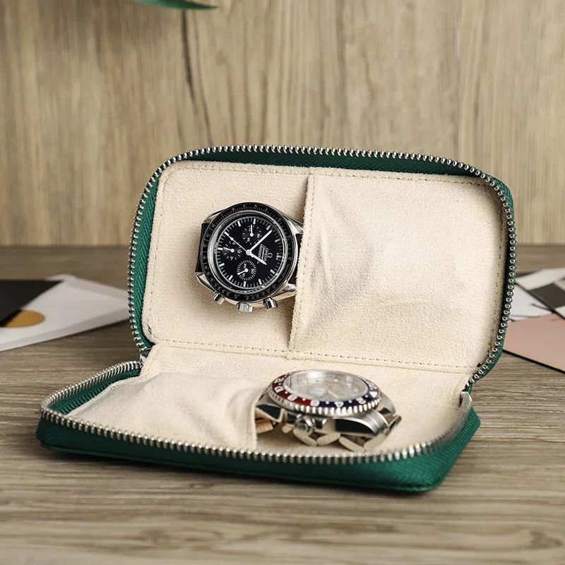 CONTACTS FAMILY 4 Colors Portable Organizer Bag Holds 2 Watch Genuine Leather 2 Slot Watch Box Luxury Pouch with Zipper