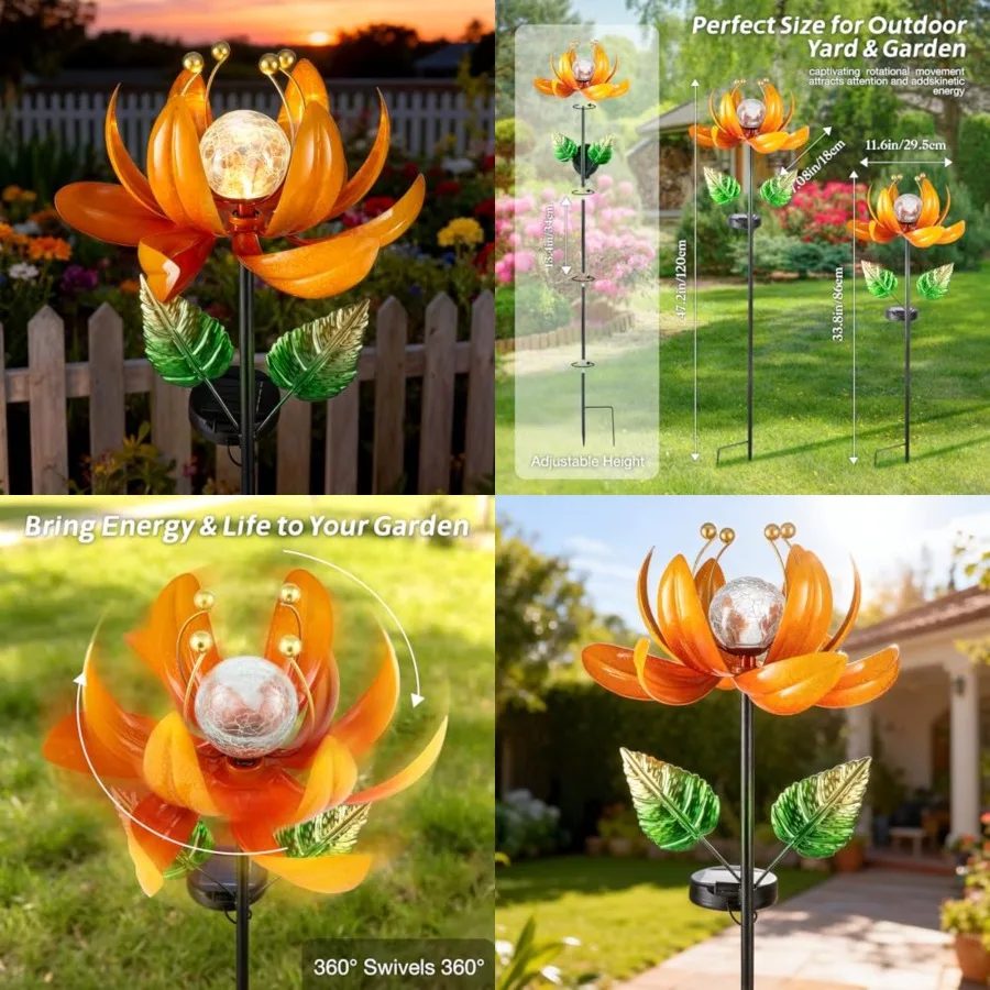 Outdoor Solar Lights Garden Decor, Wind Spinner Yard Decorations for Outside, Lotus Garden Windmill with LED Cracked Crystal Wa