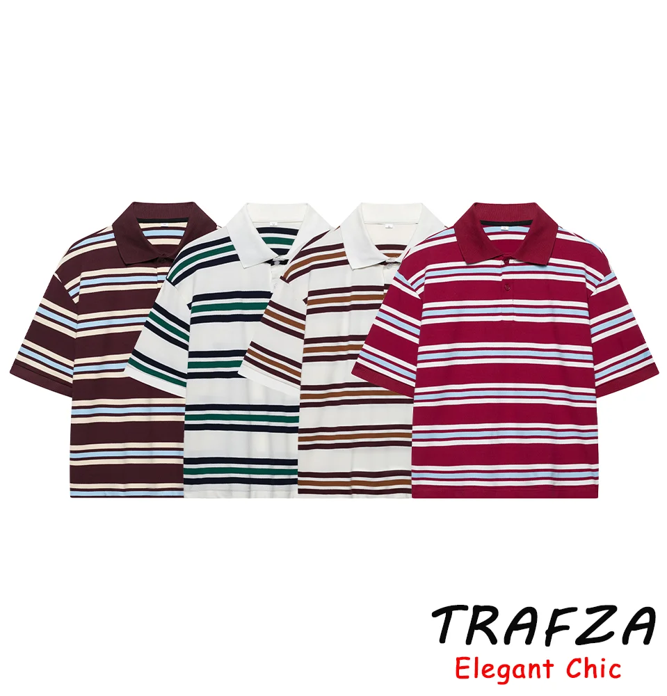 

TRAFZA-Women Vintage Polo Shirts Stripe Contrast Color Loose T-Shirts 2025 New Summer Fashion High Street Holiday T-Shirts