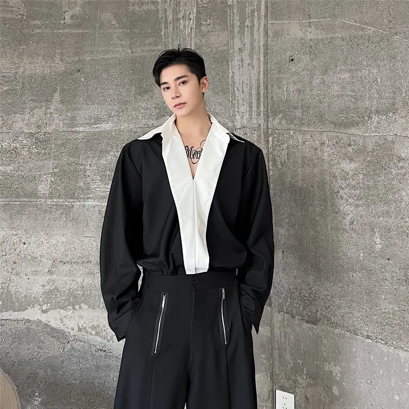 

Japanese Design Monastic Long Sleeve Overhead Shirt Men's Fashion Casual Loose Fit Youthful Trend Alluring Color Block Collar