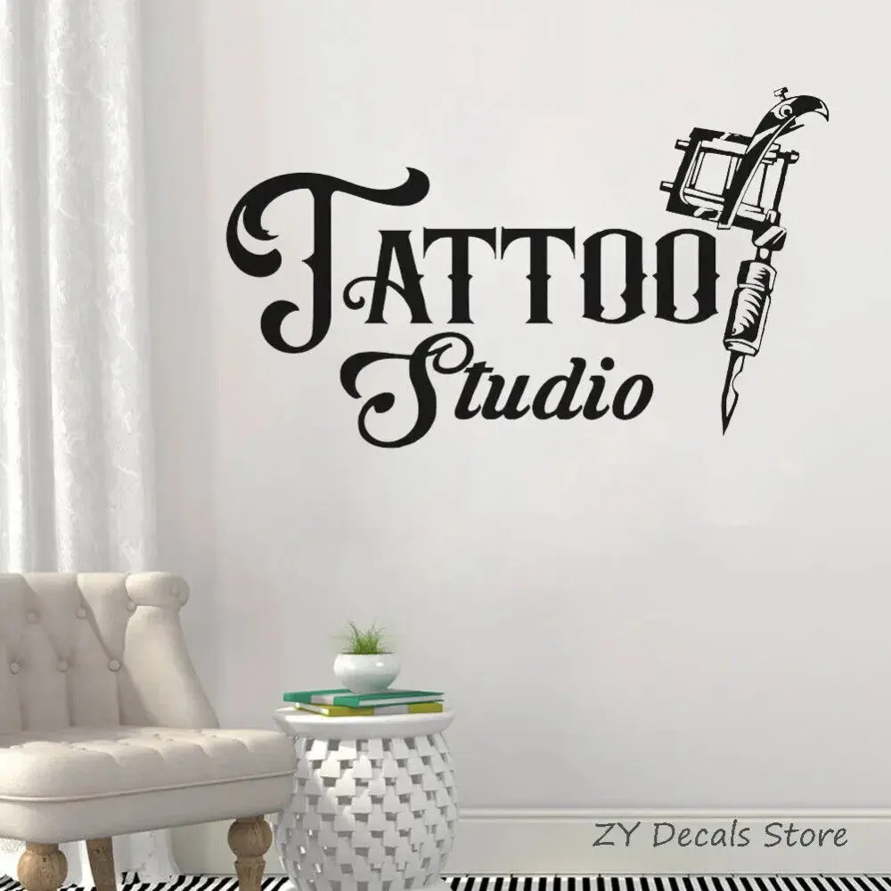 Tattoo Studio Sign Wall Decal Business Logo Poster Vinyl Art Sticker Tattoo Machines Window Stickers Waterproof Wallpaper S709