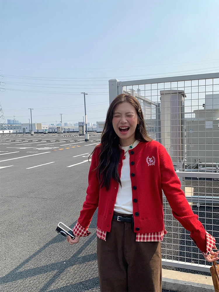 

Korean Sle Sweet id Splicing Knitted Cardigan Letter Embroidery Versatile Design ort Sve Long Sve Women's Sweater