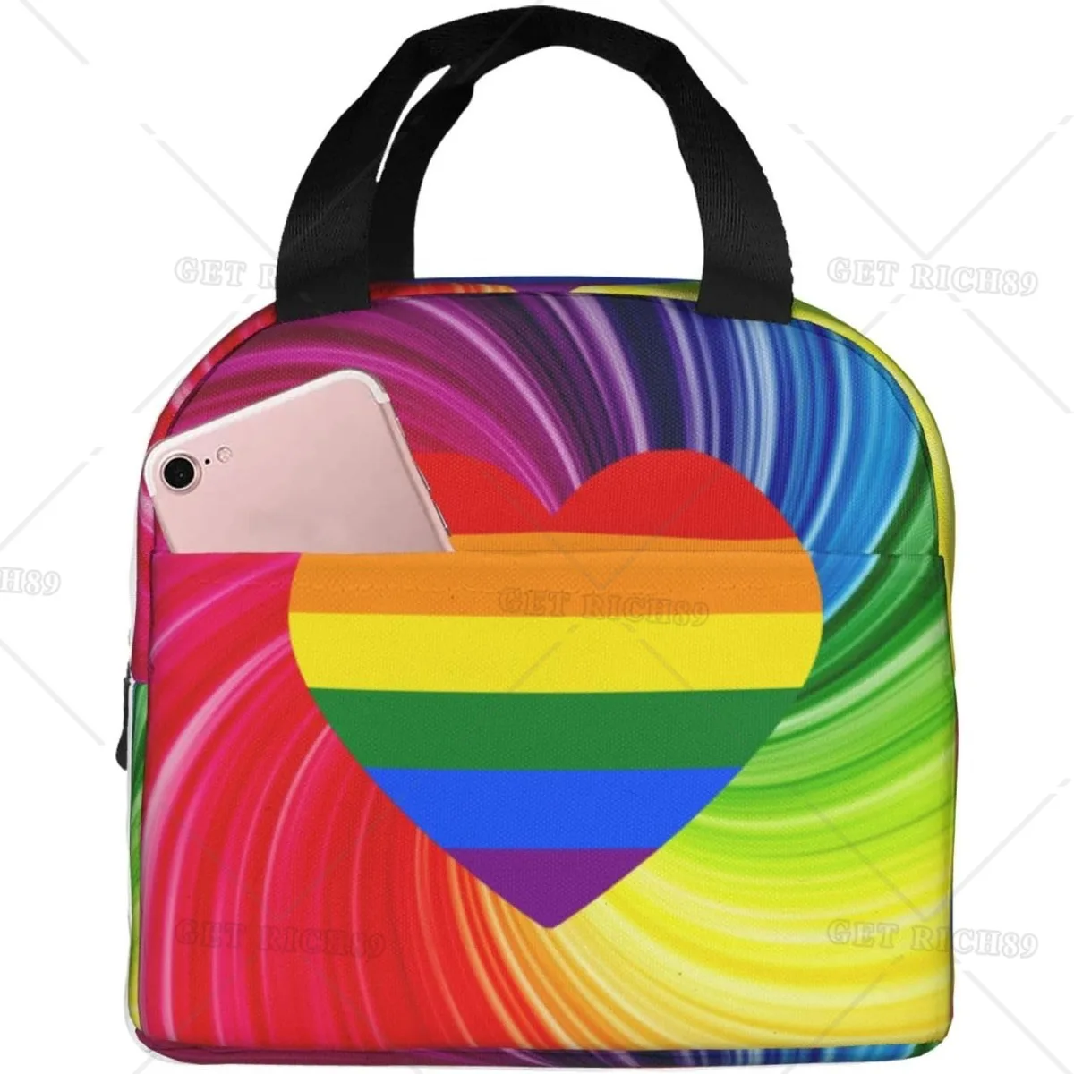 Rainbow Gay Colorful Heart LGBT Lunch Bag Insulated Heat Retaining Lunch Box Portable Reusable Tote Bagsfor Outdoors Activities