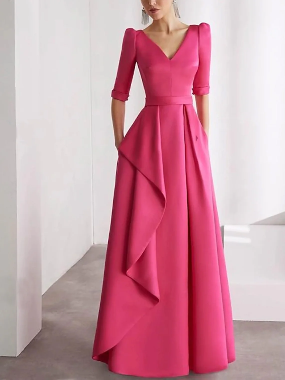 

Elegant Minimalist A-Line Satin Prom Dress V Neck Court Train Half Sleeve Ruffles Formal Evening Gown 2025 free customized