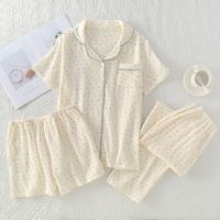 Sleepwear pure cotton 3PCS set Thin crepe fabric Collar short sleeved pants shorts home suit set