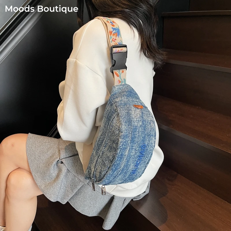 

Denim Blue Chest Bags For Women 2025 Latest Fashion Trends Shoulder Crossbody Bag Casual Street Sport Travelling Funny Pack Lady