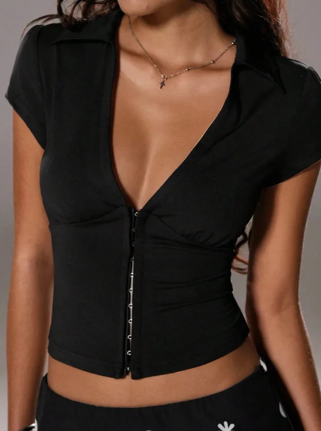

2026 New Women's Y2K Bodycon Crop Top Plunging V-Neck Button Front Tee Stretchy Shirt for Women